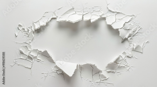 Cracked hole in a smooth white wall, cut out, showing rugged edges and crumbling plaster