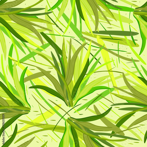 Vector seamless pattern with long green leaves on light green background