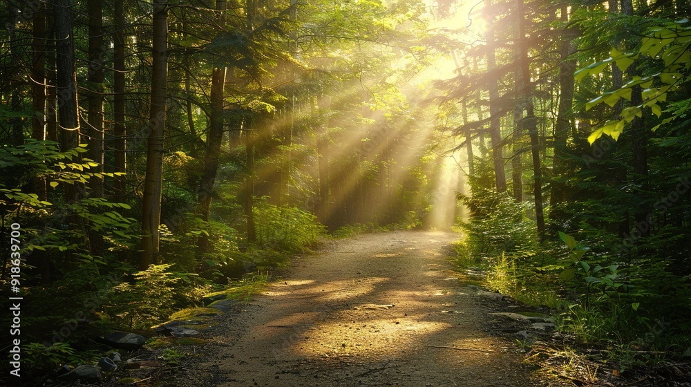 Obraz premium Sunlight filters through tree branches on a serene forest path during golden hour