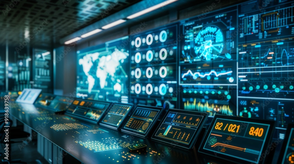 A smart grid control center with digital interfaces, showcasing technology's role in managing and distributing sustainable energy efficiently. A smart grid control center with digital interfaces, showcasing technology's role in managing and distributing sustainable energy efficiently.