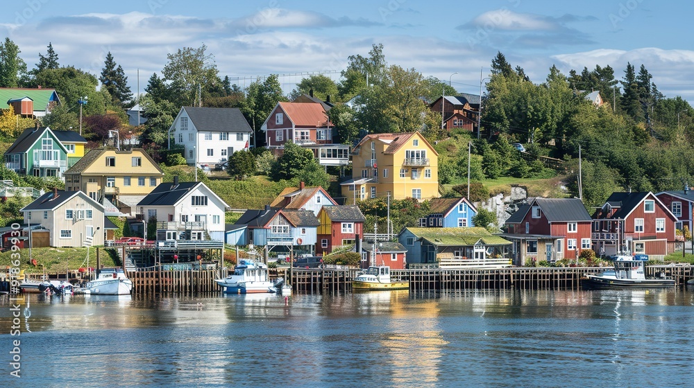 Obraz premium Colorful coastal houses reflect in calm waters near a quaint village on a sunny day