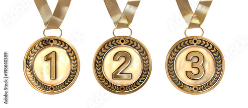 Winner golden medal set isolated on transparent background. First, second and third place in competition. Game champion prize award of honor. Collection for design