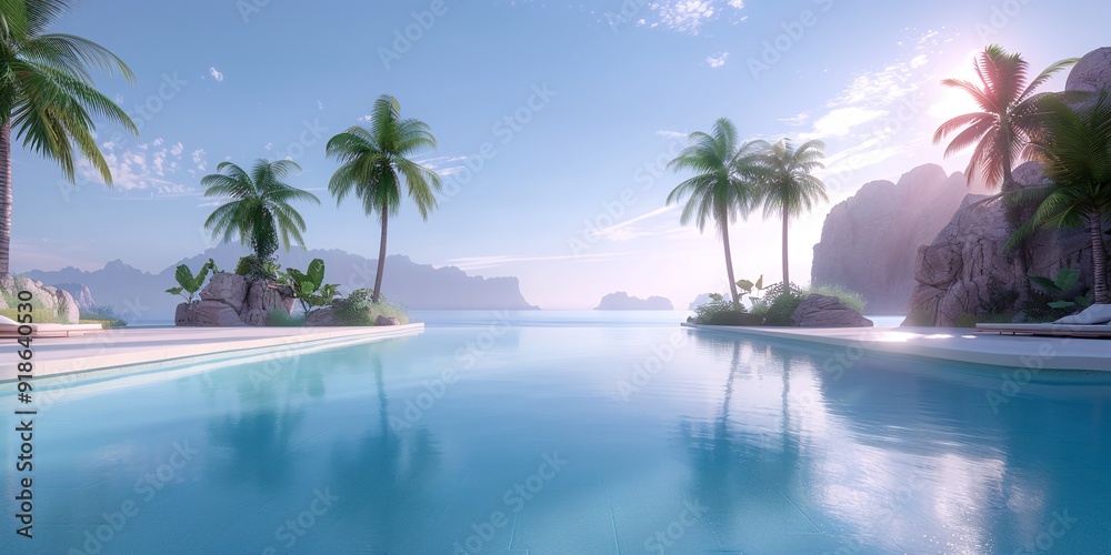 Scenic Tropical Beachside Infinity Pool Overlooking Ocean at Sunrise with Palm Trees Scenic Tropical Beachside Infinity Pool Overlooking Ocean at Sunrise with Palm Trees
