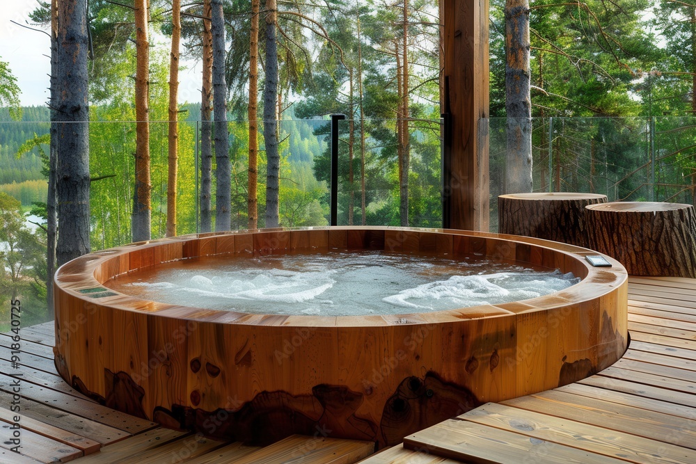 Fototapeta premium Wooden hot tub on a wooden deck, overlooking a lush pine forest in summer..