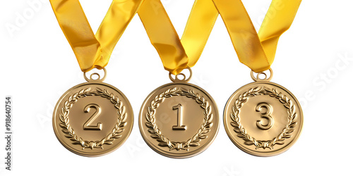 Winner golden medal set isolated on transparent background. First, second and third place in competition. Game champion prize award of honor. Collection for design