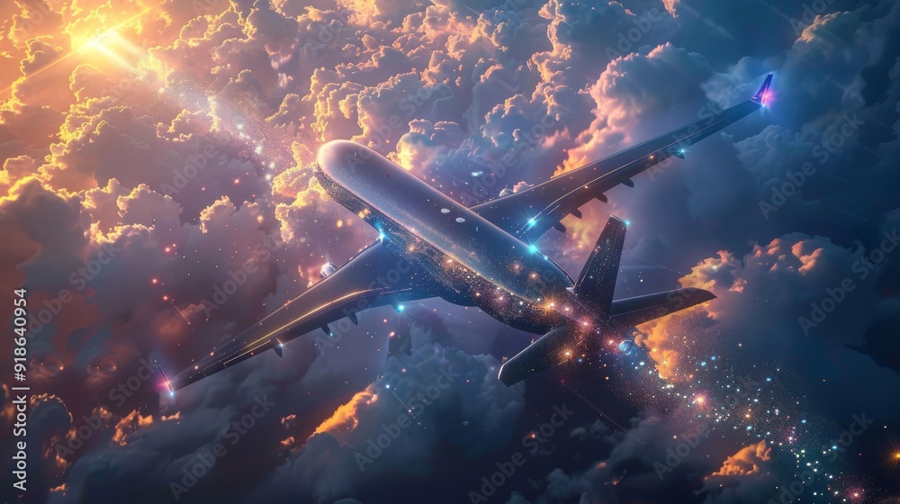 The plane’s wings radiating light or leaving a sparkling trail, adding a touch of magic or a futuristic vibe.
