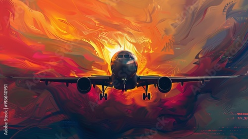 The plane in front of a vibrant or abstract background, like a sunset or swirling colors, with its silhouette and a dramatic effect.  photo