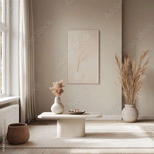 A white room with a white wall and a white coffee table