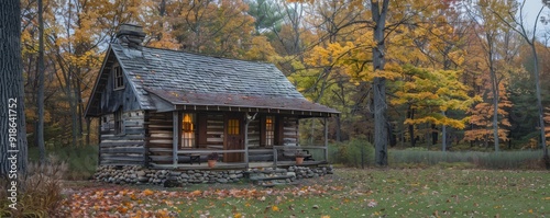 Historic cabin with stone foundation.