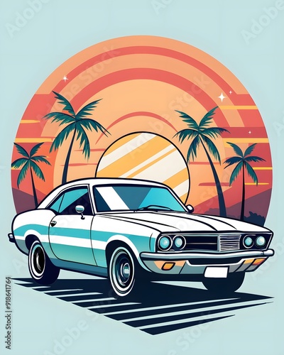 Retro vintage 80s sunset graphic t-shirt design with car palm tree colorful background