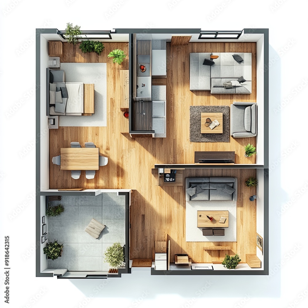 A small apartment with a living room, dining room, and bedroom A small apartment with a living room, dining room, and bedroom