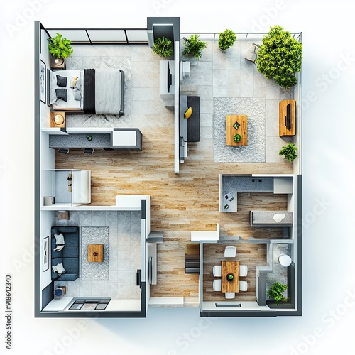 A small apartment with a living room, kitchen, and bedroom