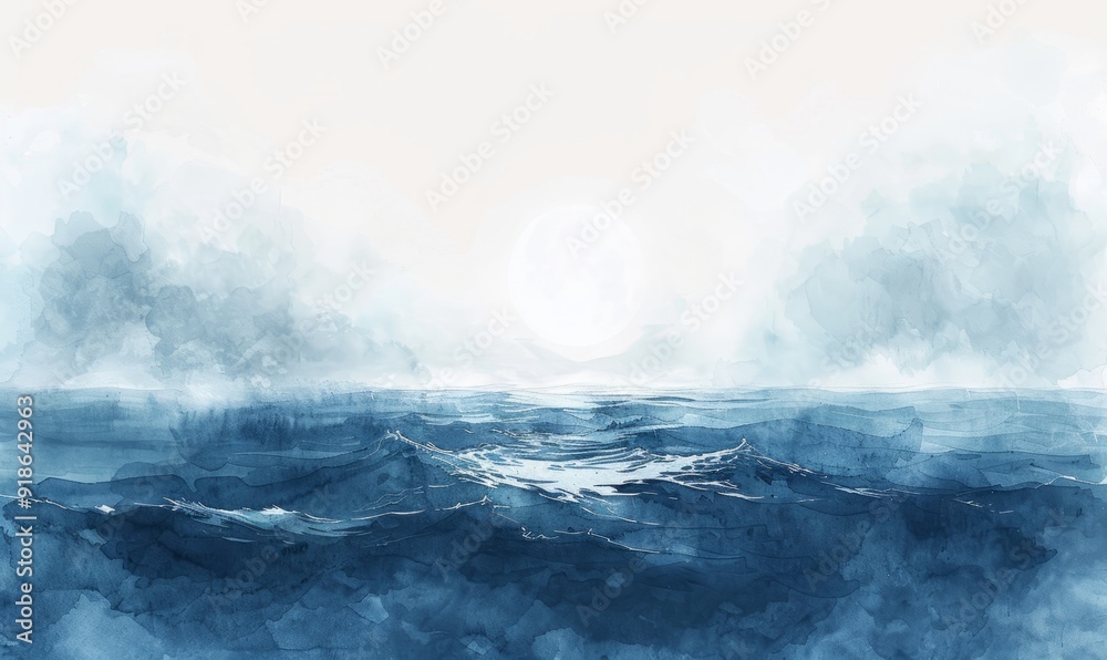 Fototapeta premium Watercolor abstract moonlit ocean on white.
