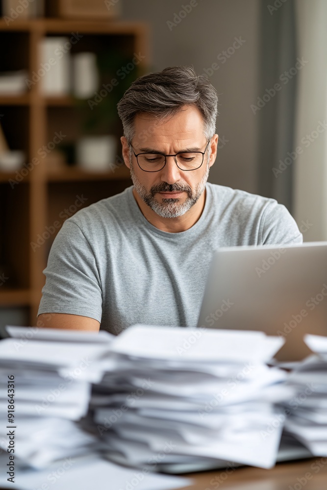 Middle-aged Man Working on Laptop Amidst Stacks of Papers at Home Office Middle-aged Man Working on Laptop Amidst Stacks of Papers at Home Office