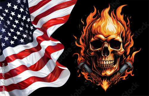 Biker vector t-shirt design with human skull,
fire, american flag on black background.
Fashionable print for fabric, paper, men clothing,
hoodie, biker jacket. T shirt template with flame.