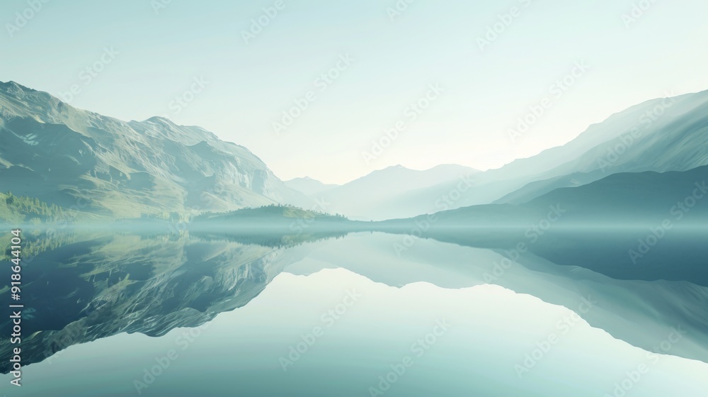 A tranquil lake reflection background with mountains mirrored in the water under a soft morning light A tranquil lake reflection background with mountains mirrored in the water under a soft morning light