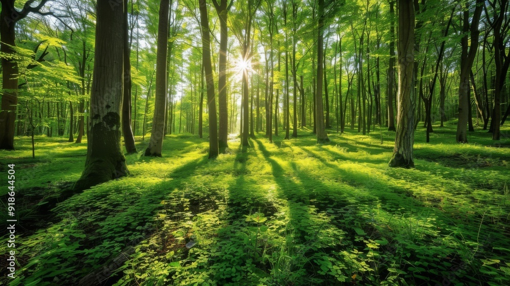 A vibrant green forest with sunlight streaming through the trees, representing growth, vitality, and success A vibrant green forest with sunlight streaming through the trees, representing growth, vitality, and success
