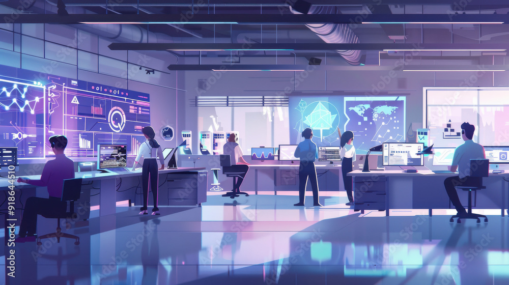 High-tech office with employees using digital tools to communicate and analyze data High-tech office with employees using digital tools to communicate and analyze data