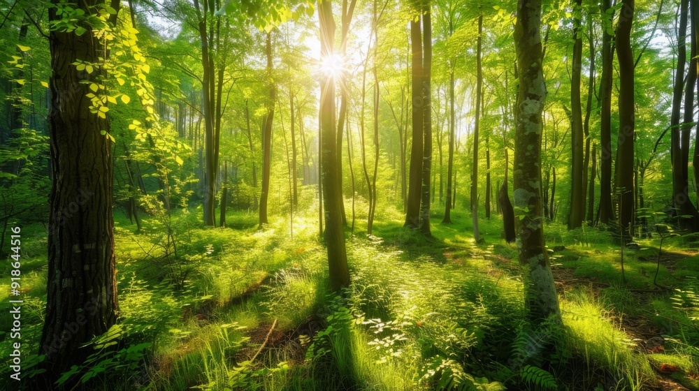 A vibrant green forest with sunlight streaming through the trees, representing growth, vitality, and success A vibrant green forest with sunlight streaming through the trees, representing growth, vitality, and success