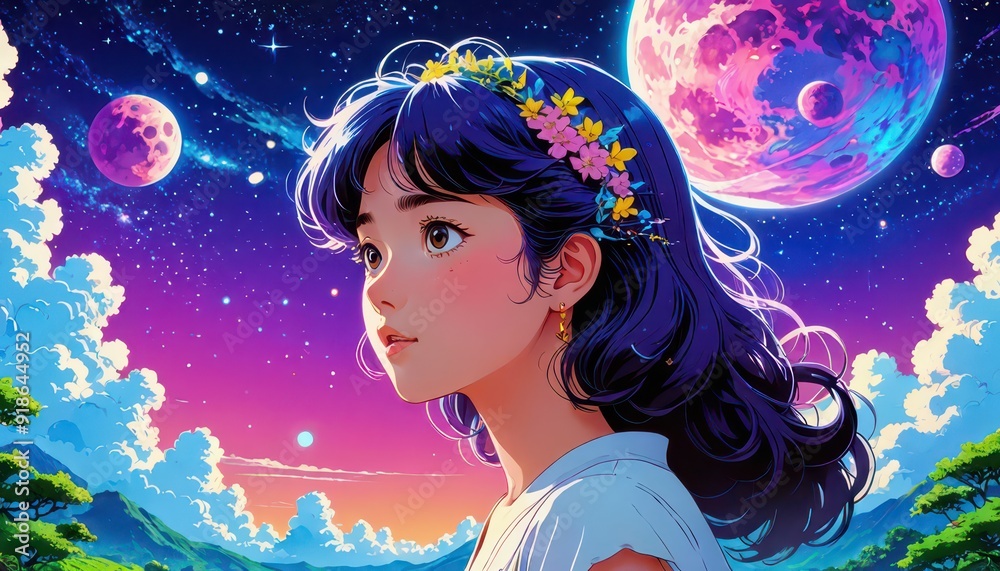 Woman Gazing at the Stars with Flowers in her Hair Woman Gazing at the Stars with Flowers in her Hair
