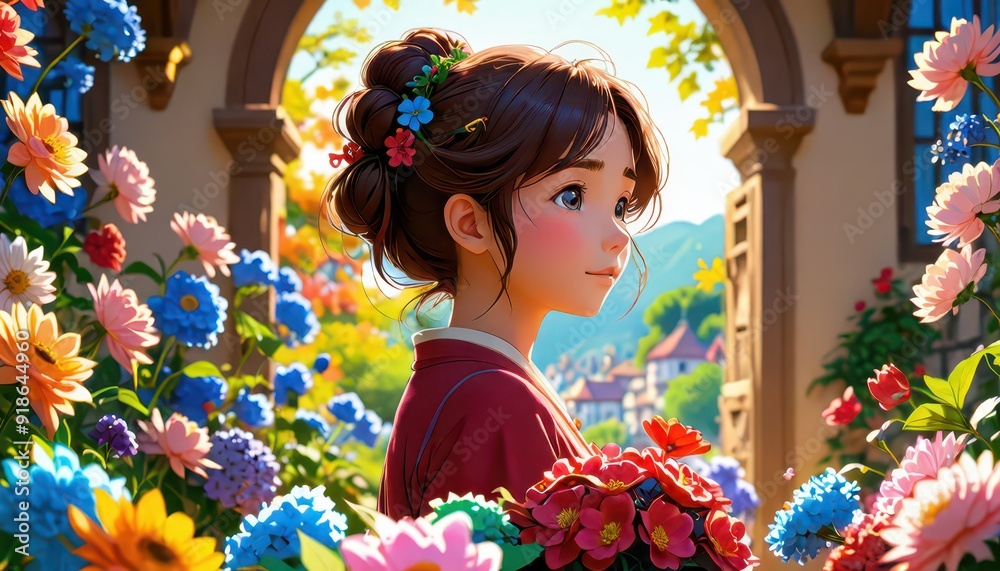 Naklejka premium Anime Girl in a Garden.