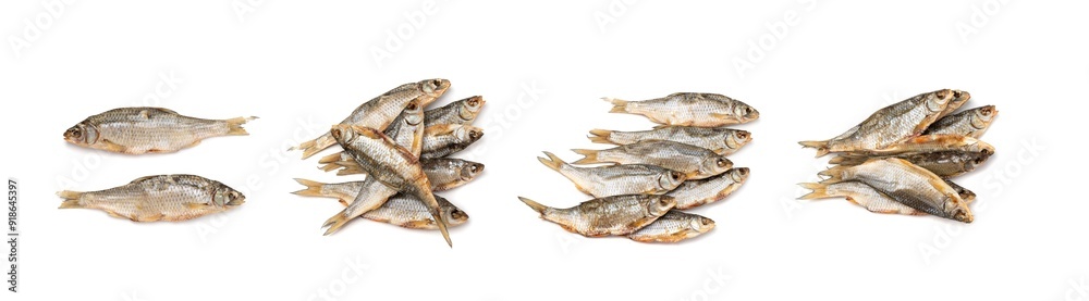 Dry roach, salted fish isolated, dried rutilus, taranka beer snack, whole salted and dried fish, prepared seafood Dry roach, salted fish isolated, dried rutilus, taranka beer snack, whole salted and dried fish, prepared seafood