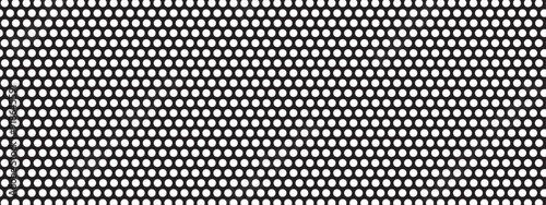 Repeated round dots. White circles on black background. Peg board, radiator or speaker grill surface with repeated holes. Mosaic holey print. Perforated metal texture. Vector graphic illustration