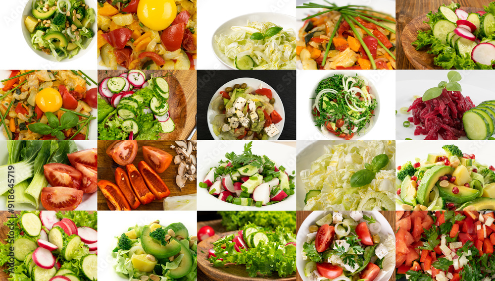 Salad collage mix, restaurant menu with various salats collection, different healthy food, diet set Salad collage mix, restaurant menu with various salats collection, different healthy food, diet set