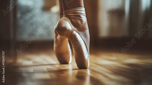 A Dancers Pointe Shoes Gracefully Rise on a Wooden Floor