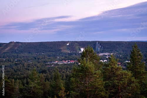 aerial view over Rovaniemi town in Lapland Finland in summer with summer nights and sunset