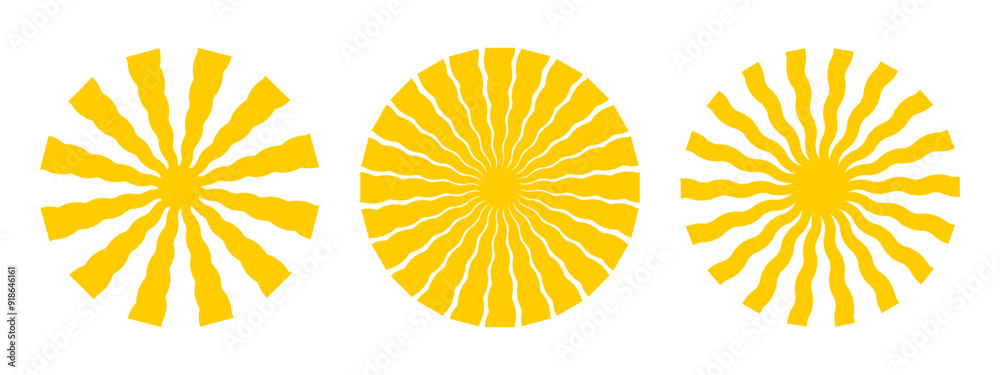 Groovy sun shapes with wavy rays. Sunburst, sunrise or sunset symbols in trendy y2k style. Cool summer theme icons isolated on white background. Modern psychedelic print. Vector flat illustration. Groovy sun shapes with wavy rays. Sunburst, sunrise or sunset symbols in trendy y2k style. Cool summer theme icons isolated on white background. Modern psychedelic print. Vector flat illustration.