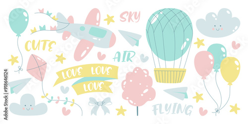 Set of cute air transport vehicle and toys sky flying nursery design elements for baby shower