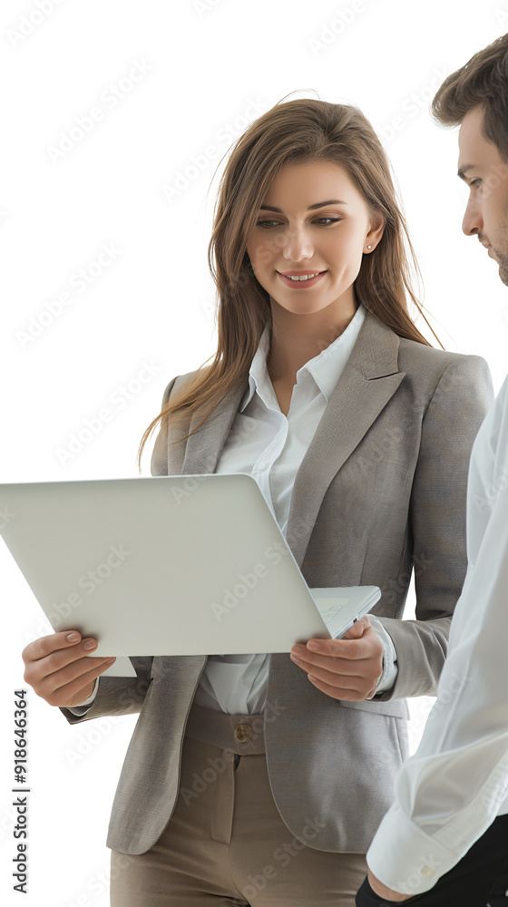 Two professionals collaborate on a project, reviewing details on a laptop in a modern office setting filled with natural light Two professionals collaborate on a project, reviewing details on a laptop in a modern office setting filled with natural light