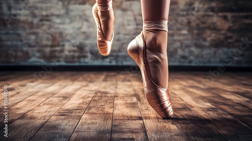 A Dancers Pointe Shoes Gracefully Rise on a Wooden Floor