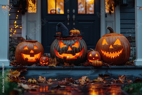 Jack-o'-Lanterns on a Porch for Halloween