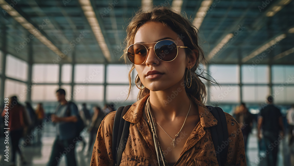 Young woman traveler in an airport carrying a backpack travel vacation Young woman traveler in an airport carrying a backpack travel vacation