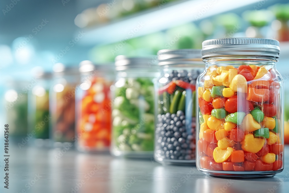 Colorful Jelly Beans in Glass Jars on a Table in a Candy Shop Colorful Jelly Beans in Glass Jars on a Table in a Candy Shop