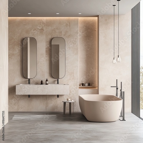 A bathroom with a white tub and two sinks photo