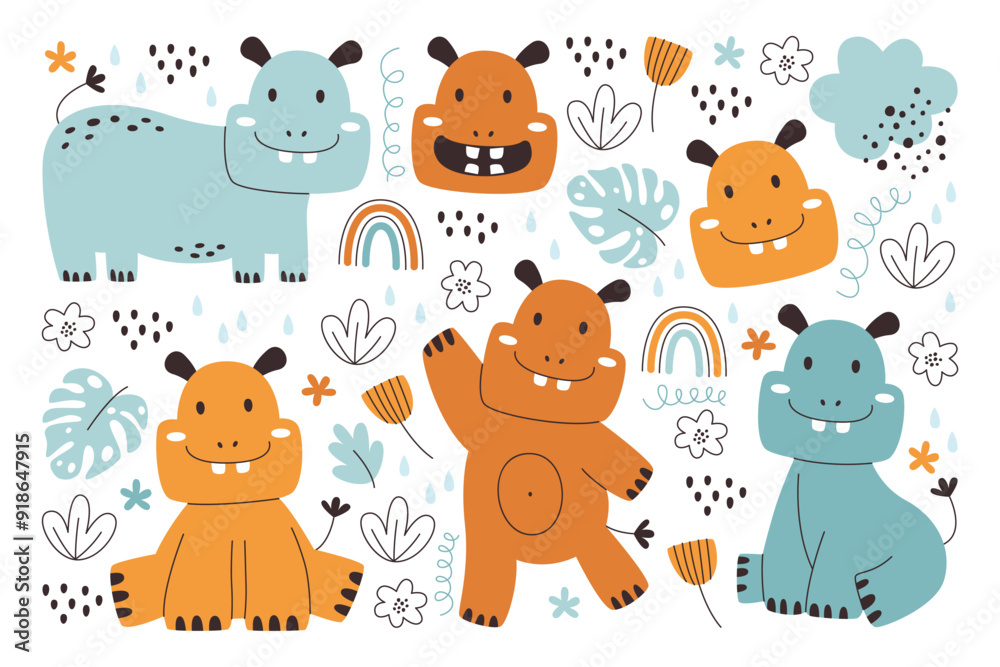Obraz premium Hand drawn set of cute positive smiling baby hippopotamus characters in different pose and action