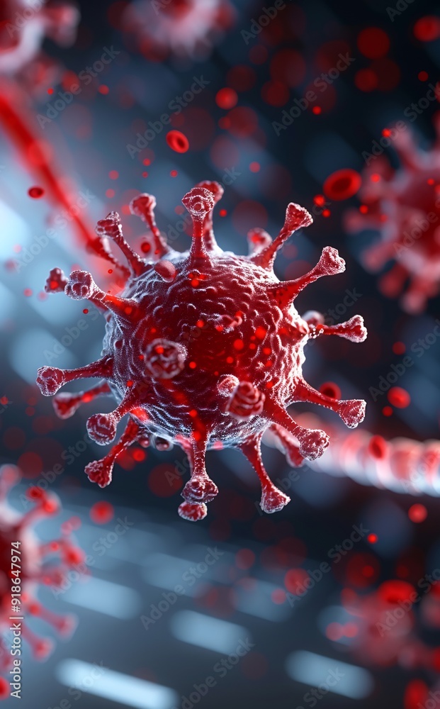Close-Up of Red Virus Cells with Spikes Floating in Dark Environment Close-Up of Red Virus Cells with Spikes Floating in Dark Environment