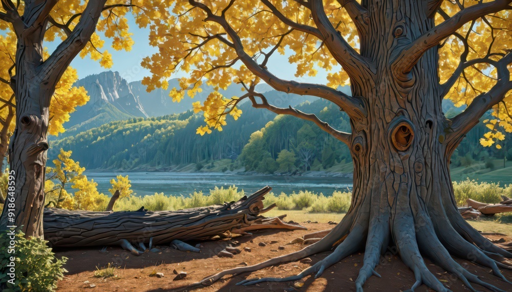Fototapeta premium Majestic Tree with Fallen Branch in Autumn Landscape.