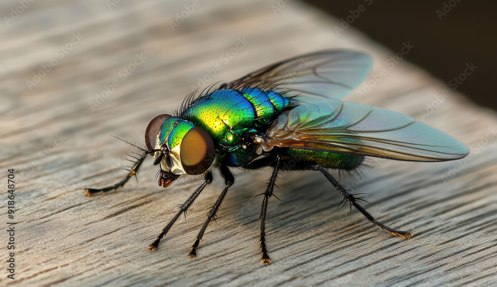 \Ggreen fly with blue and yellow wings, perched on the edge of a wooden surface \Ggreen fly with blue and yellow wings, perched on the edge of a wooden surface