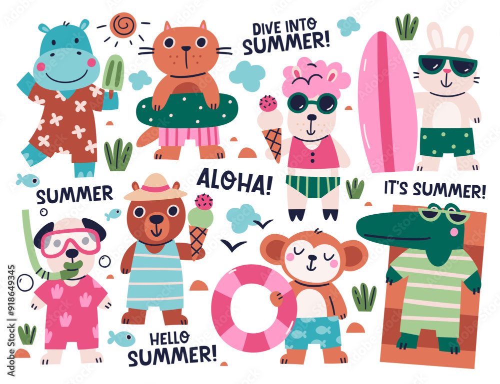 Fototapeta premium Cute animals characters resting on beach enjoying water sport greeting summer time leisure activity