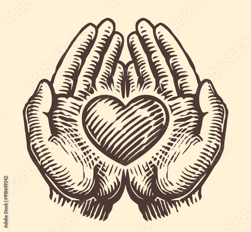Hands folded together holding heart. Hand drawn sketch vector illustration engraving style