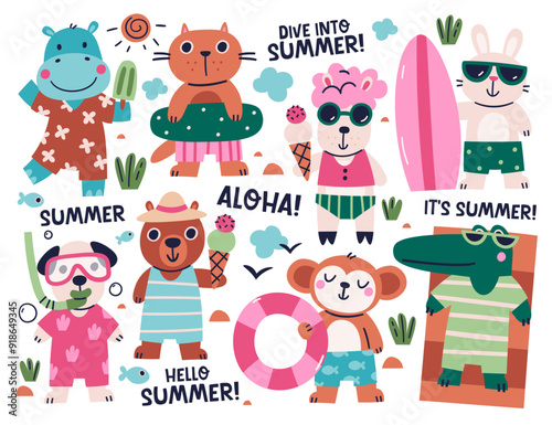 Cute animals characters resting on beach enjoying water sport greeting summer time leisure activity