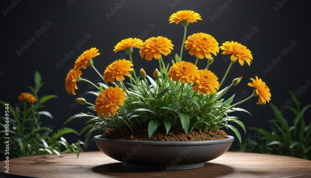 Yellow Flowers in a Pot on a Wooden Table. Yellow Flowers in a Pot on a Wooden Table.
