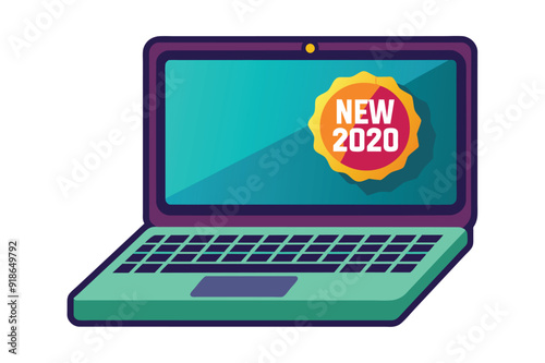 A laptop displaying a prominent sticker indicating "New 2020" on its surface, showcasing its modernity and freshness.