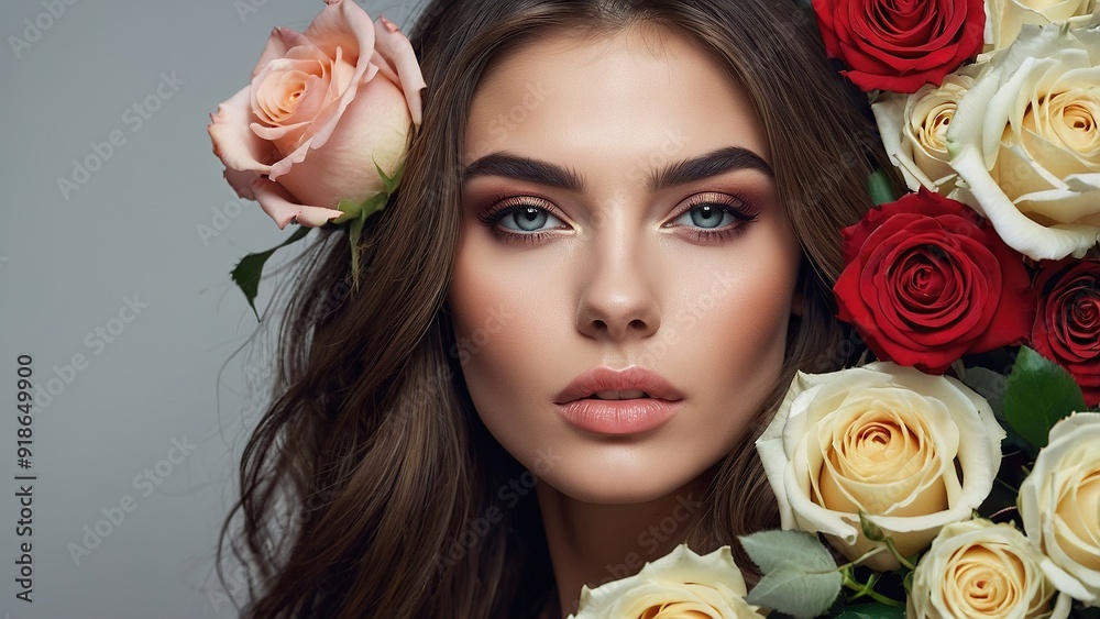 Naklejka premium A Woman Surrounded by Colorful Roses With Natural Makeup and Lush Hair in Springtime