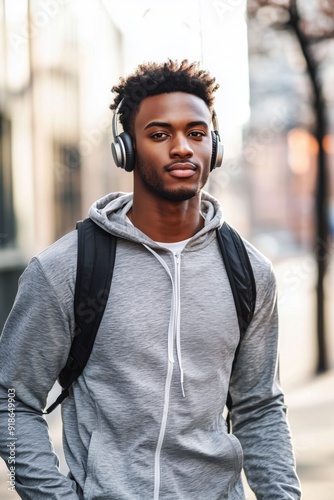 Run in the park in the morning young African American man on a morning jog with headphones Generative AI