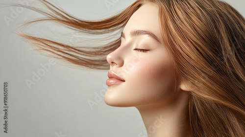 Girl, serene and wind-swept in the studio for organic and natural makeup and hair care products for healthy, straight growth. Woman, eyes closed and salon repair on grey background, isolated and kerat photo